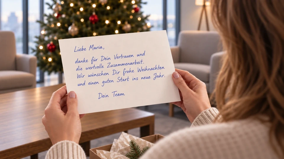 Eine Frau liest eine persönliche Weihnachtskarte vor dem Weihnachtsbaum.