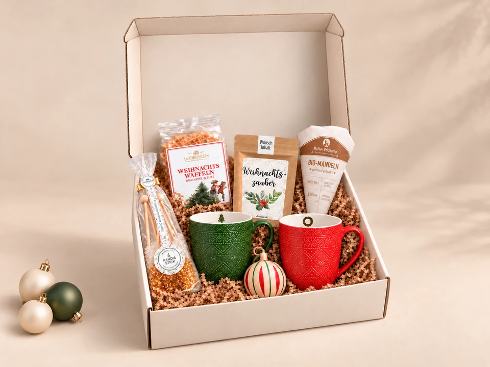 Box mit Tassen & Tee: Zwei weihnachtliche Tassen, Tee, Waffeln und Mandeln.