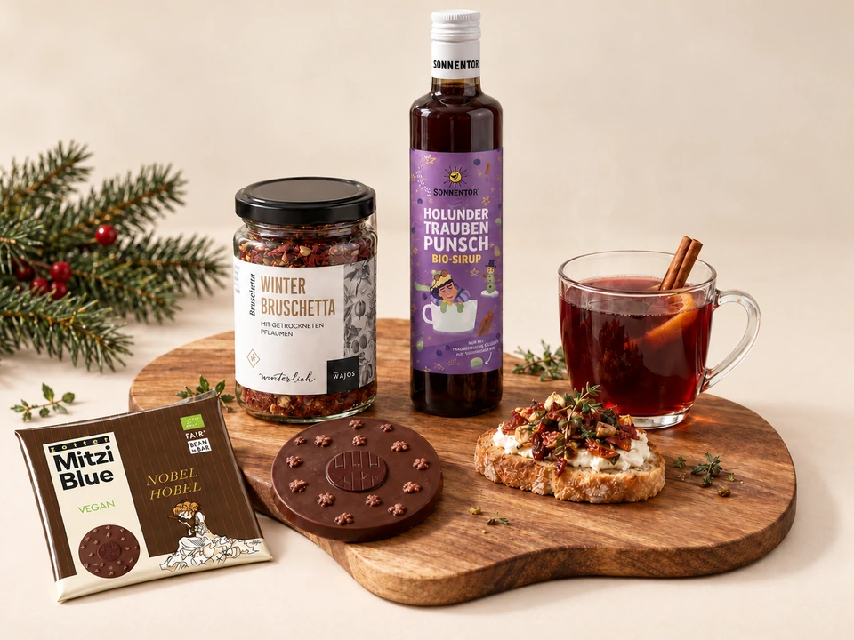 Genuss & Wintermoment: Ausgewählte Feinkost und Getränke für eine persönliche weihnachtliche Geste.
