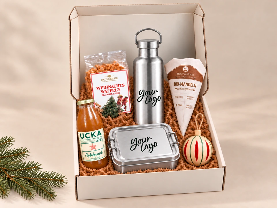 Box mit Trinkflasche & Brotdose: Trinkflasche, Brotdose und weihnachtliche Leckereien.
