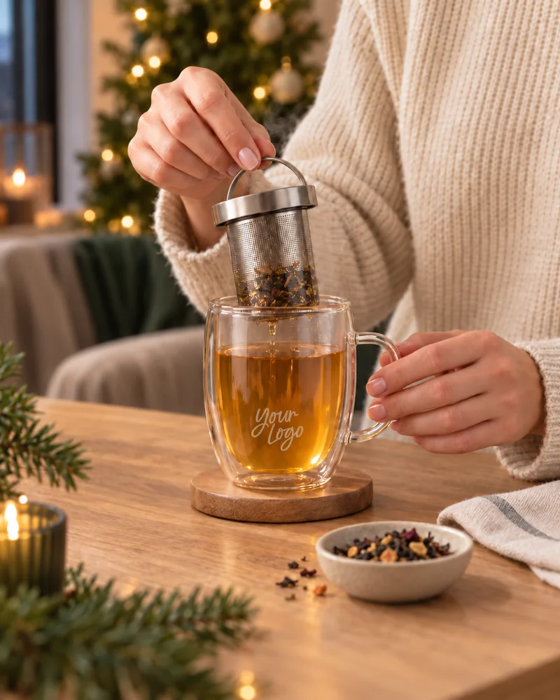 Weihnachtlicher Teemoment mit einem gravierten Glas